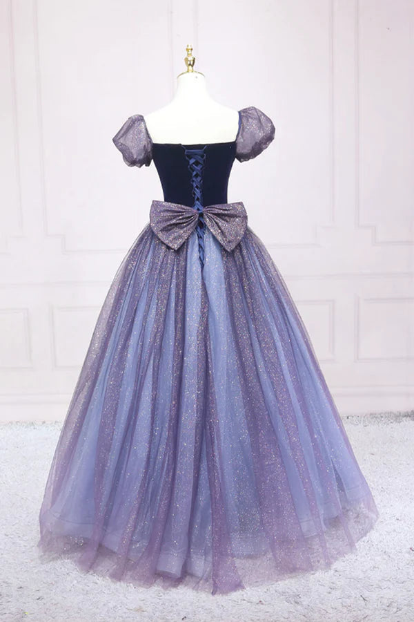 Wholesale Cute Velvet Tulle Long Prom Dress A-Line Short Sleeve Graduation Dress